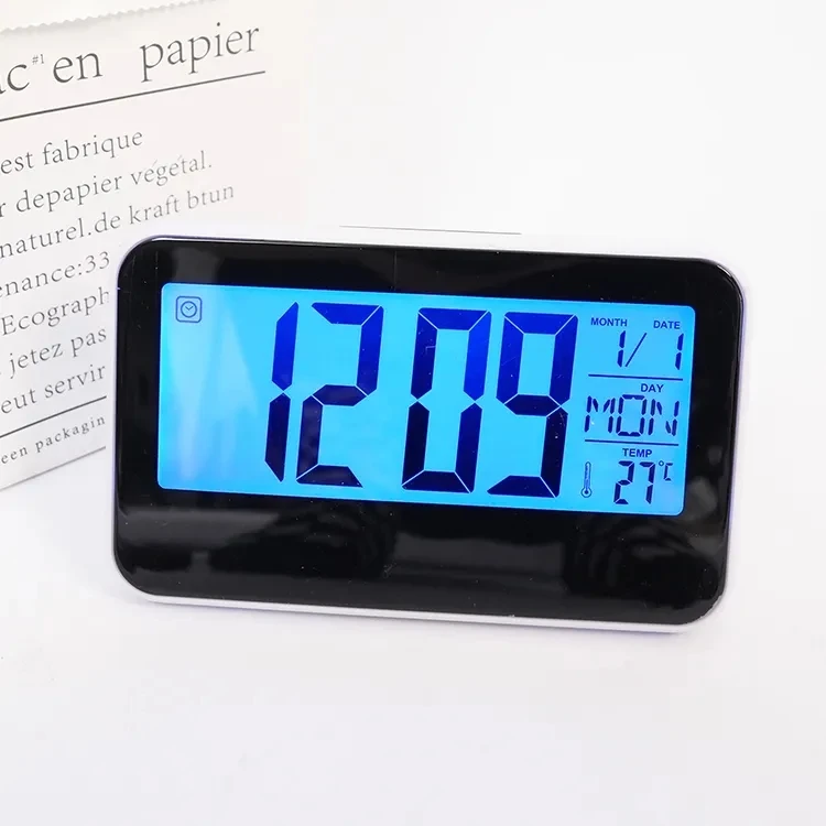 Table Digital Alarm Clock Big LCD Display Blue Color Background Lights World Time Calender With Temperature