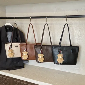 New Large-capacity Women's Handbag for Winter 2026 PU Leather Student Shoulder Bag Strap with a Bear Sac dos