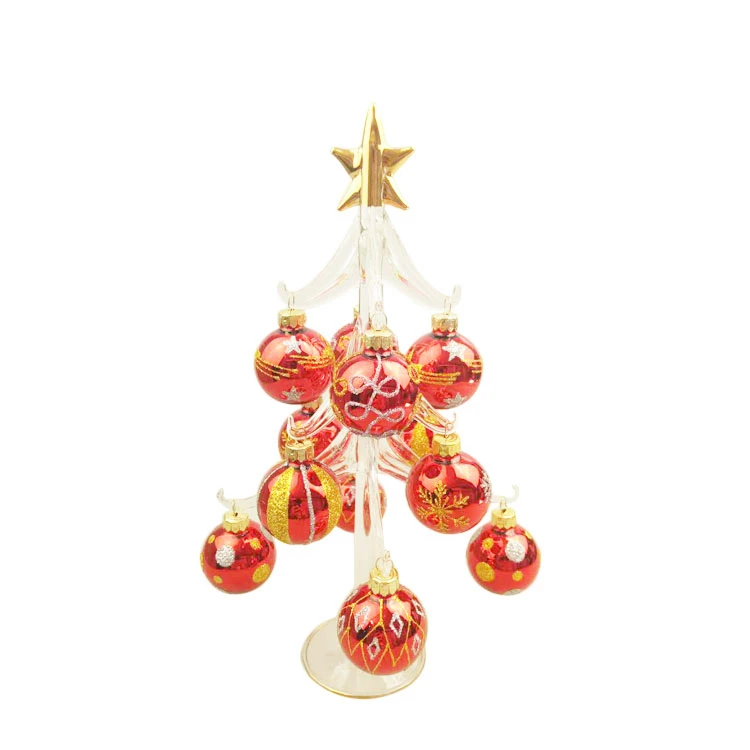 Led lighted handmade glass christmas tree with small accessories