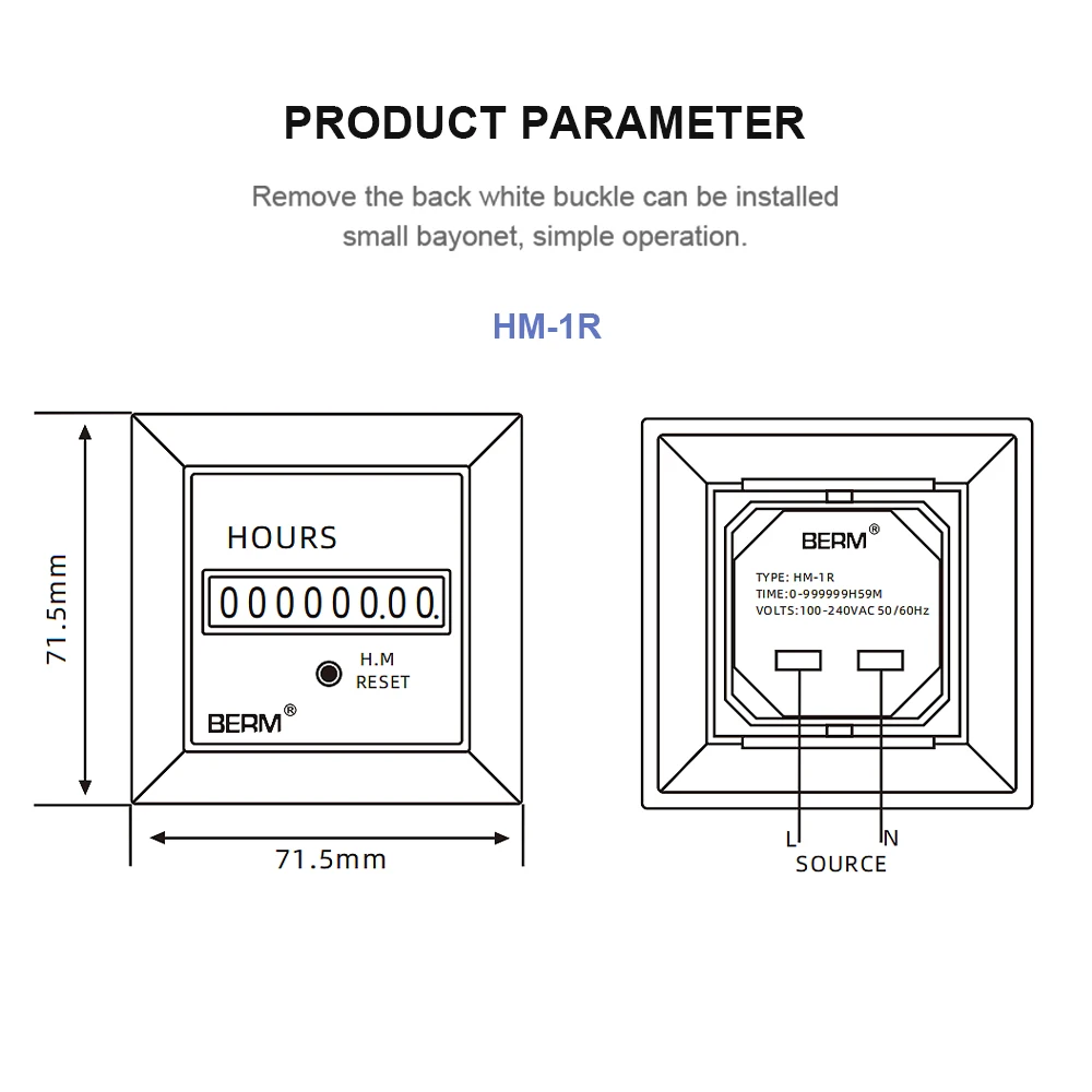 HM-1R Power-on Timing 0~999999H59M LCD 8-bit Display 100-240V AC Hour Meter With Reset Function Counter