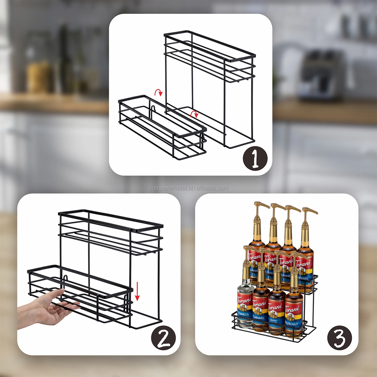 2-tier 8 Bottle Metal Wire Storage Rack Coffee Syrup Display And Bottle ...