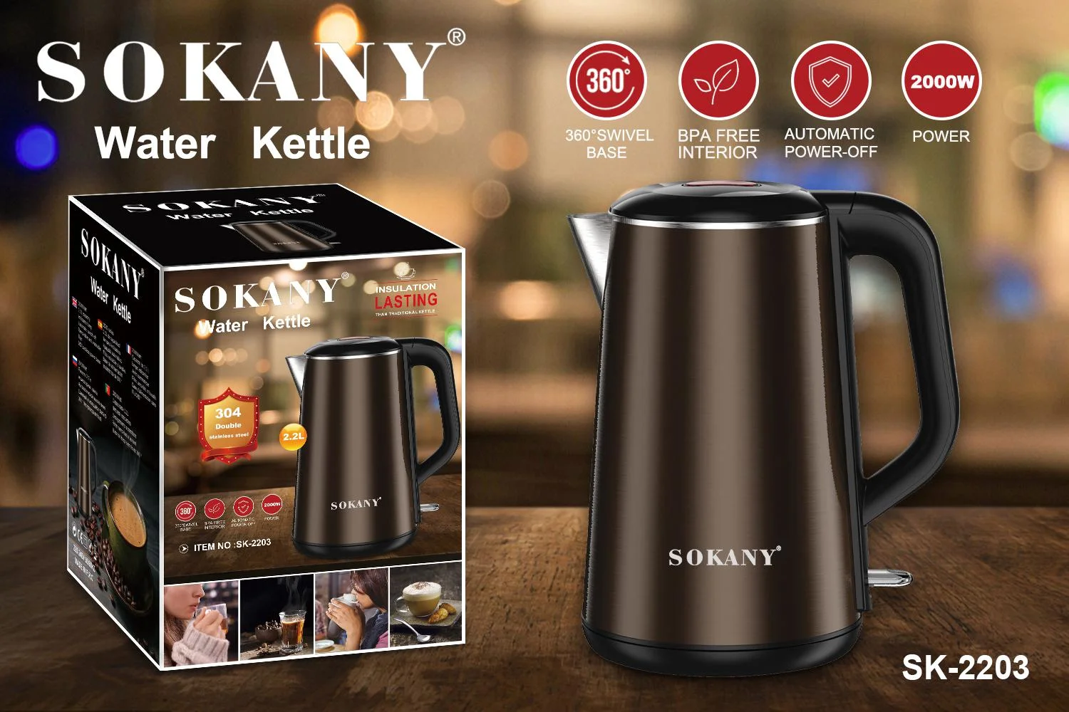 Sokany 2.2L Electric Kettle Glass Stainless Steel Tea Water Boiler Led Fast  Hot