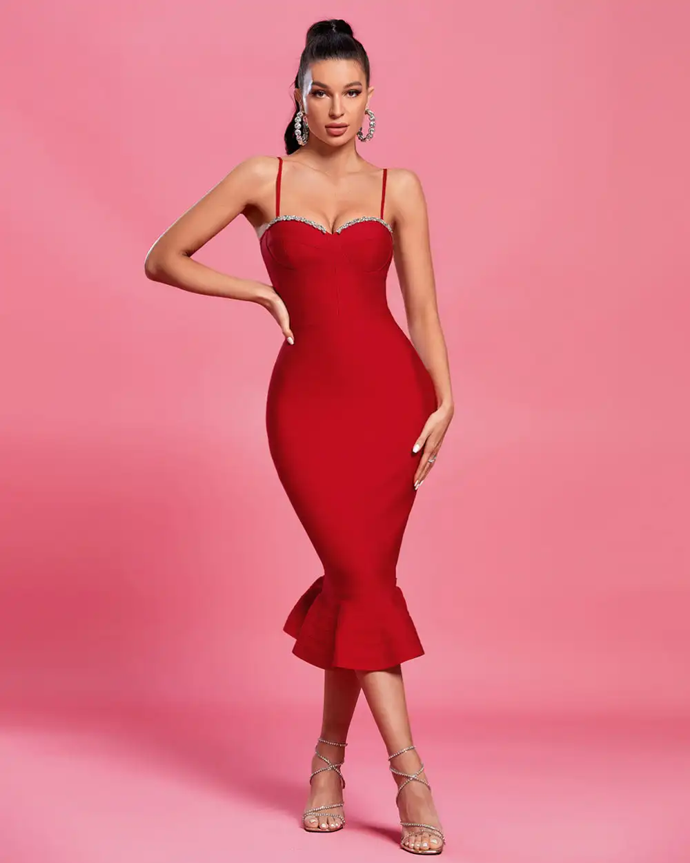Ocstrade In Stock Strappy Crystal Knee Length Bandage Dress