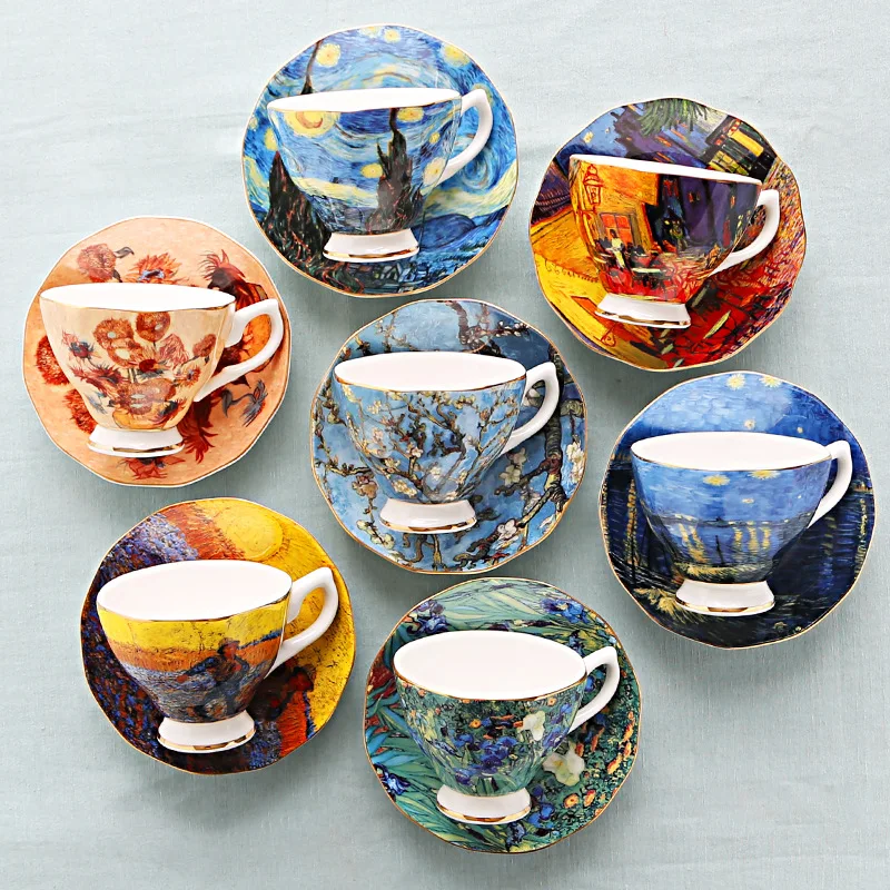 220 250ml Custom Fine Bone China Hand Painted Art Painting Coffee Mug Set Garden Party Ceramic Tea Cup With Saucer Van Gogh Cups