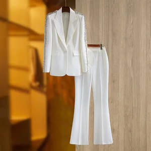 Bettergirl High Quality Medium Length Suit Jacket Wide Leg Trousers Fashion Leggings Rhinestone INS Two-piece Set