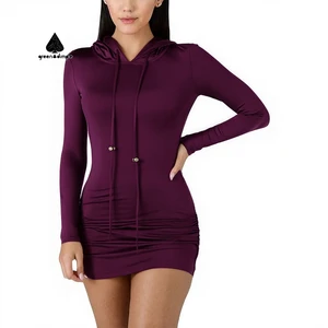 Custom Manufacturer Quality Designer Women Elegant Stretch Long Sleeve Hoodie Dress Solid Knitted Ruched Hooded Short Dress