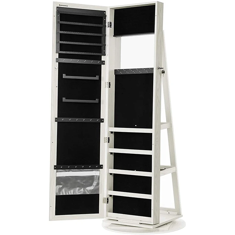 High full length mirror white Lockable rotating jewelry cabinet