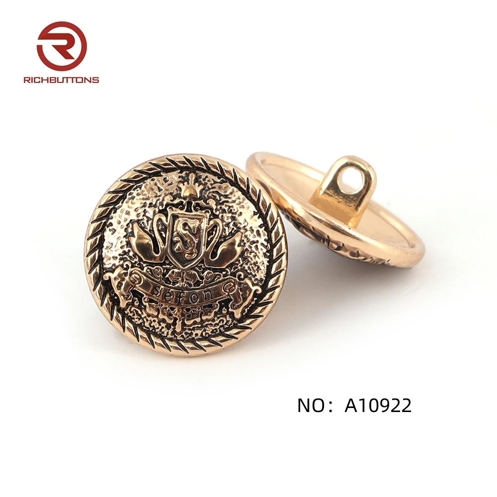 Custom Rose Gold Metal Sewing Button Vintage Style Zinc Alloy Shank Embossed Logo Uniform Decoration Sustainable Plating