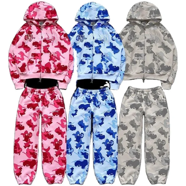 Custom Two-Piece Vintage Style Men's Puff Print Sweatsuit Jogger Set Short Tracksuit with Sweatpants and Hoodie