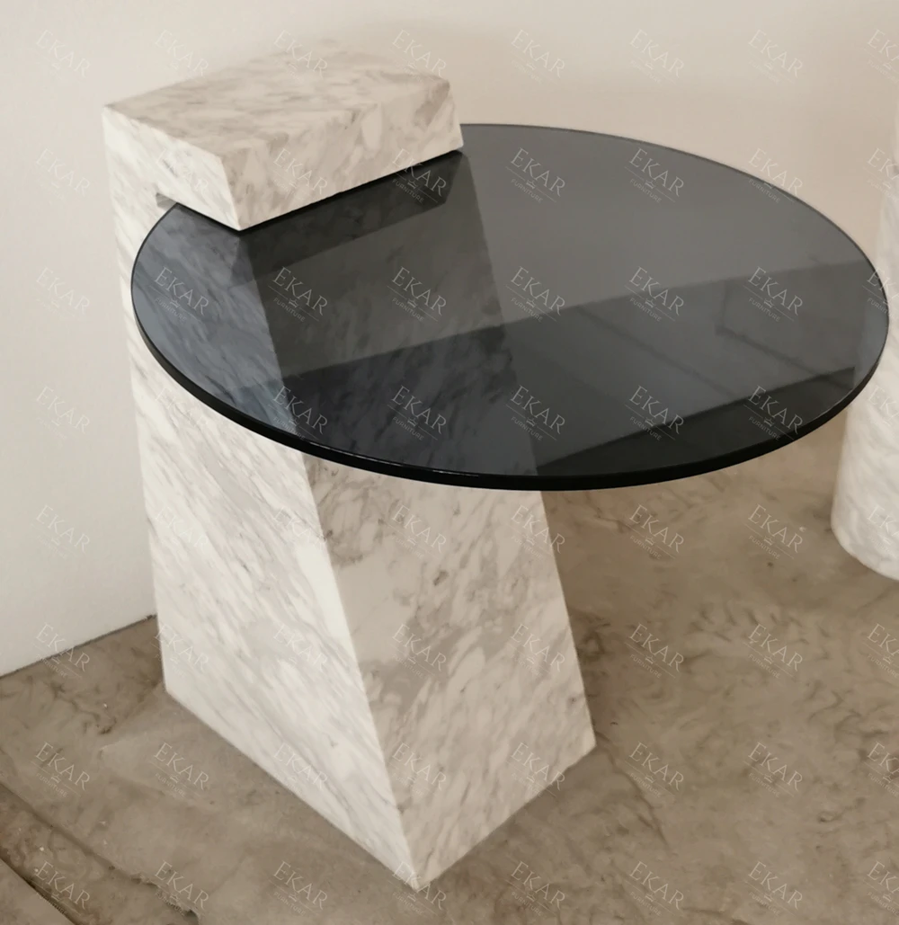 product elegant fine grained white natural stone base with grey tempered glass top side table-67