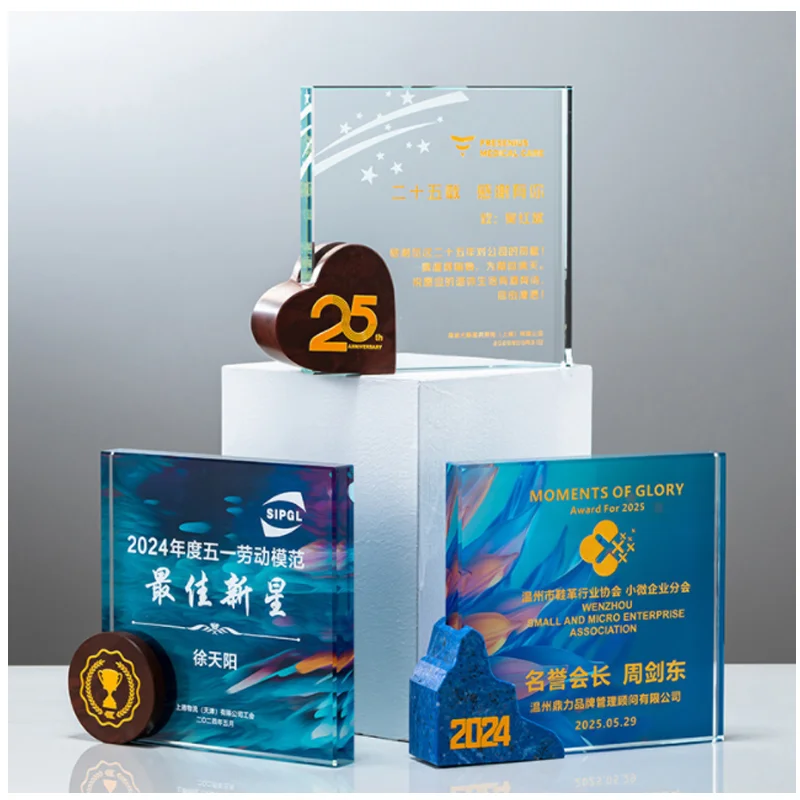 product shining crystal craft custom design business k9 crystal glass trophy wood award for employee recognition  with gift box988-39