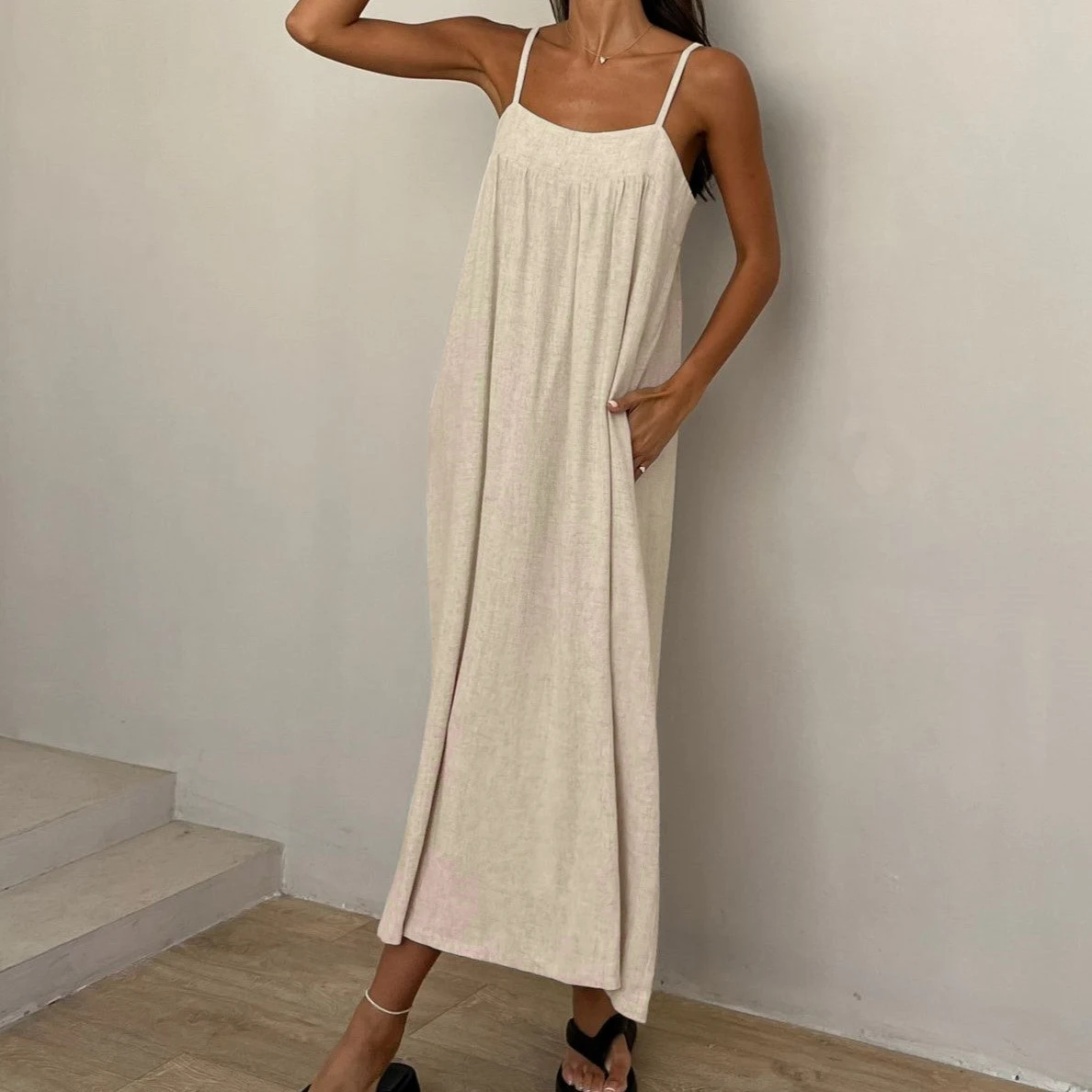 QINSI Casual Women Night Dress Sexy Sleeveless Nightgowns Backless  Nightwear Ankle Length Dress Viscose Linen Women's Nightgown
