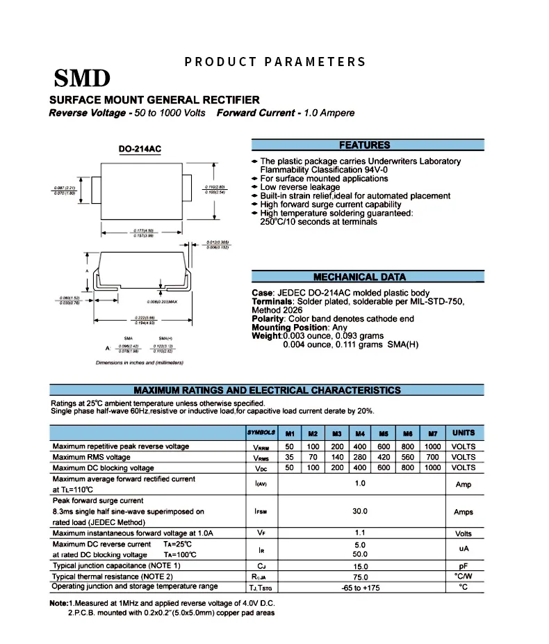 1000v Do41 Tapping Diode In4007 M7 1a 1kv Do214ac General Silicon