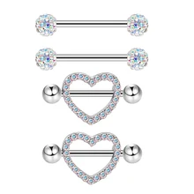 Women's Stainless Steel Nipple Ring Tongue Ring Set CZ Heart Rhinestone Nipple Barbell 14G Body Piercing Jewelry for Weddings