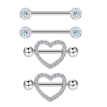 Women's Stainless Steel Nipple Ring Tongue Ring Set CZ Heart Rhinestone Nipple Barbell 14G Body Piercing Jewelry for Weddings