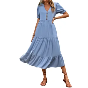 Customize New European American Summer Casual Woven Button Anti-Static Natural Waist A-Line Solid Color Midi Dress