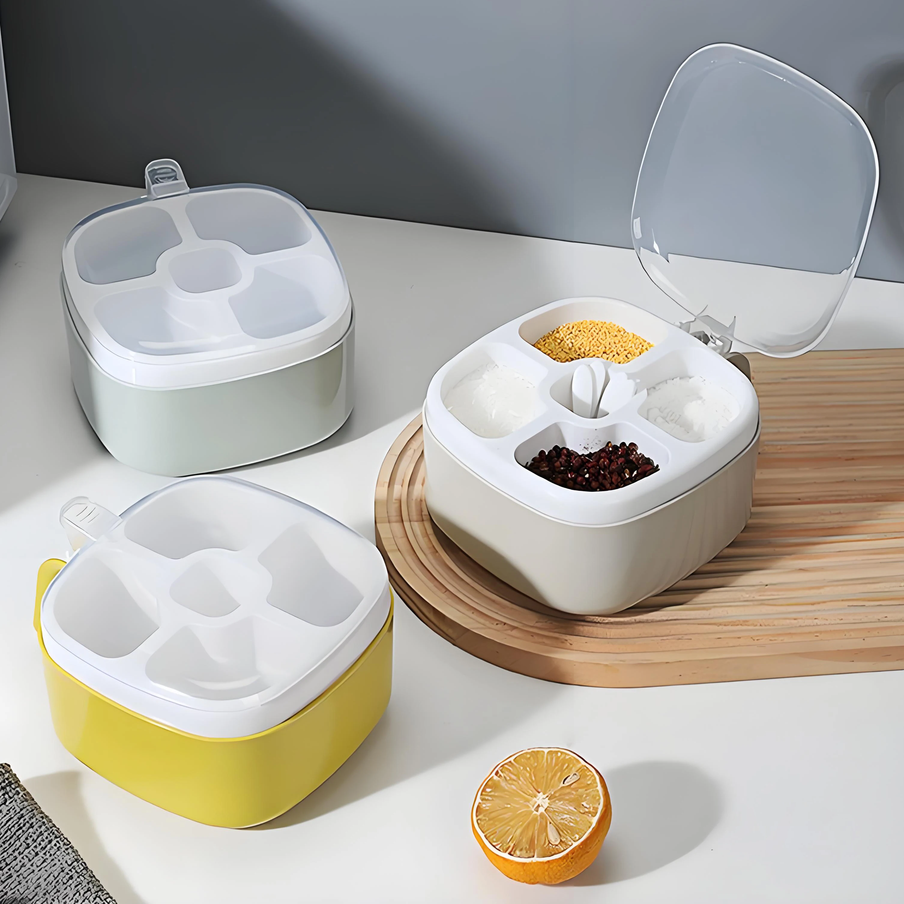 Wholesale 5 Compartment Spice Box with Spoon Eco-Friendly PP Plastic with Lid Hot Kitchen Supplies