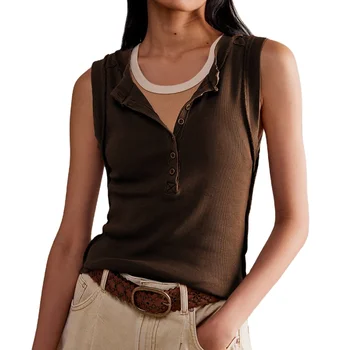 European and American threaded button collar with inner tank top, new summer sleeveless top with bottom for women