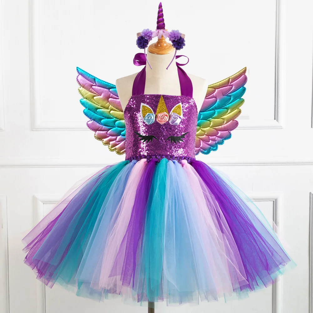 2-12 Years Unicorn Dress Girls With Headband and Wings Birthday