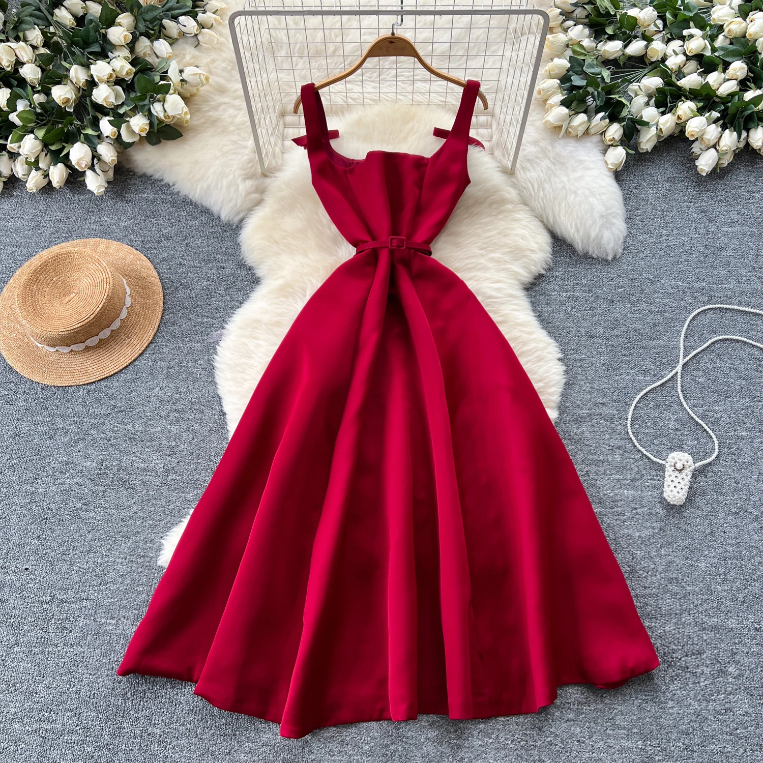 Elegant Audrey Hepburn Style Summer Dress French Bow Waist Belt Slim Fit  Square Neck Flared Mini Dress for Women, image size:1500x1500