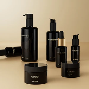 Black Raw Material Glass Bottle Set 200ml 100ml Pump Porcelain Black Glass Bottle Black Jade Glass Jar