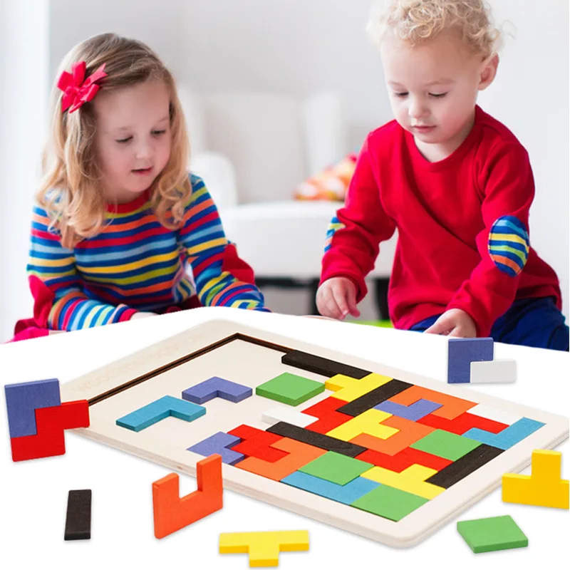 Colorful 3D Puzzle Wooden Tangram Math Toys Tetris Game Children Pre-school 