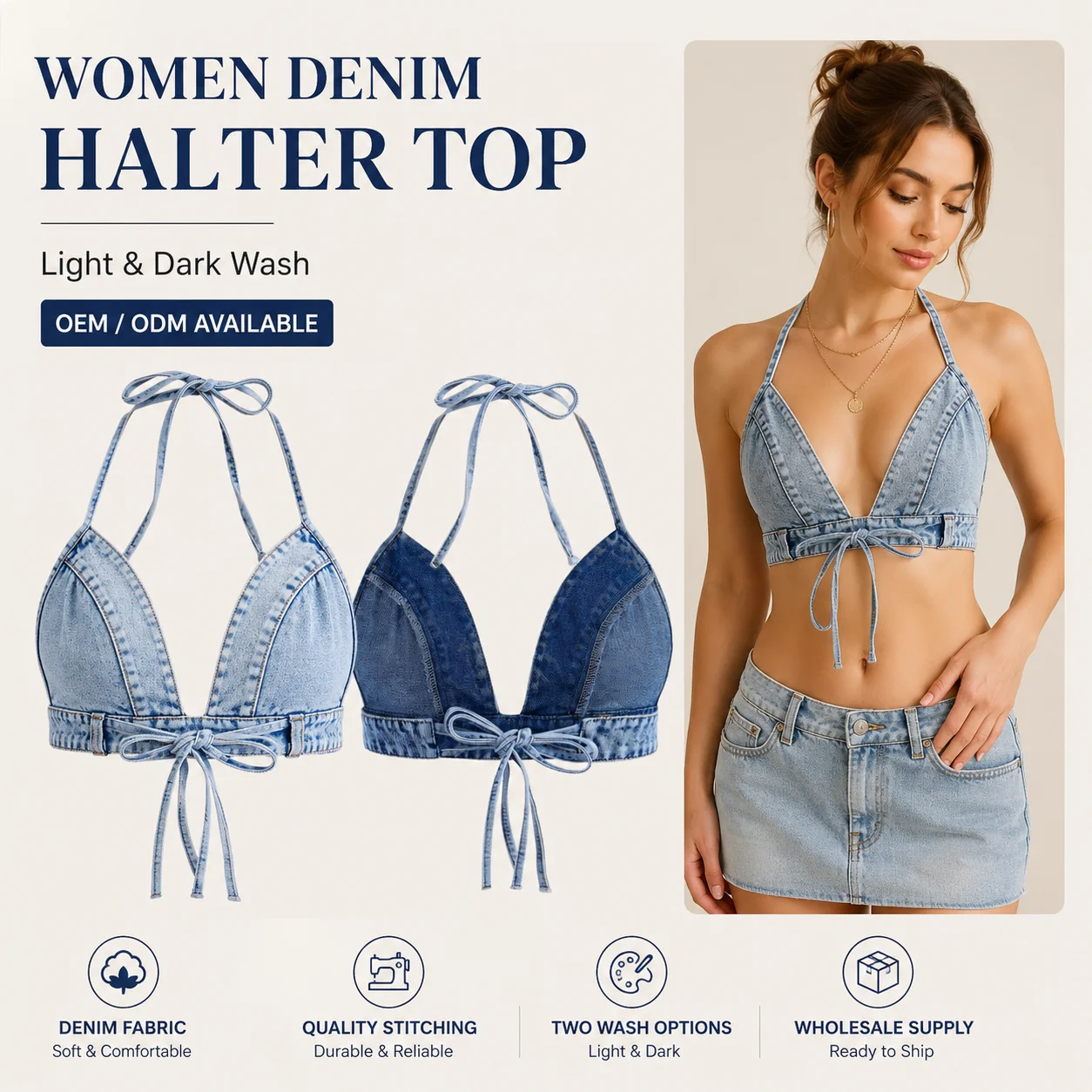 2024 Custom Women's Breathable Short Denim Top Tie Backless Halter Deep V Neck Cami Tops