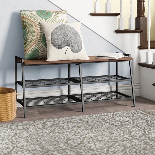 Прихожей грецкого ореха полка для обуви Скамья с 2-х уровневые проволочная сетчатая полка для хранения