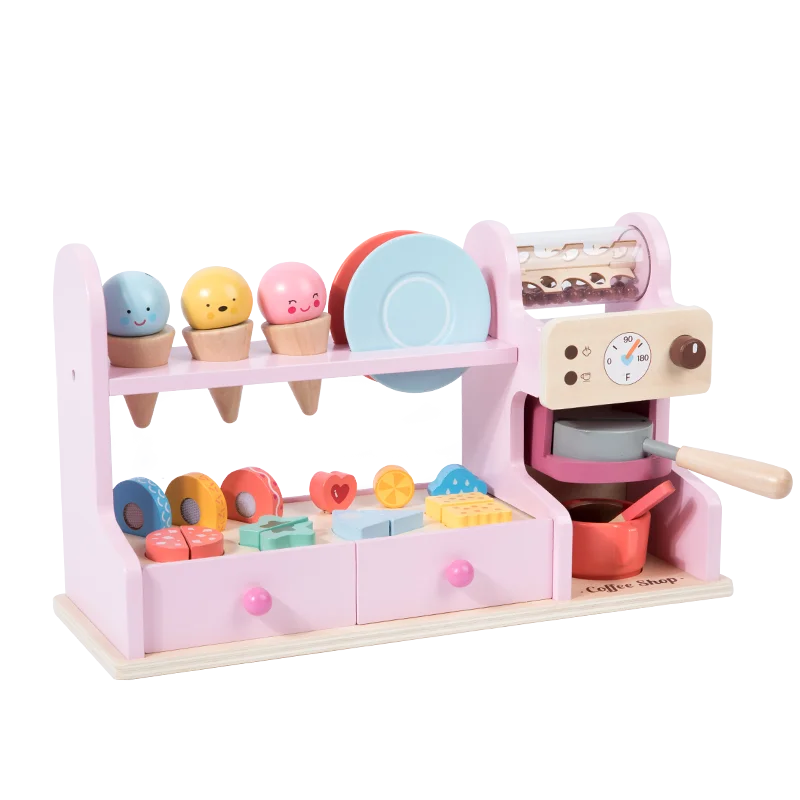 Machine à café en bois rose pour glaces, jouet de simulation pour tout-petits, accessoires de cuisine, jouets en bois pour filles ou garçons de 3, 4, 5, 6 ans