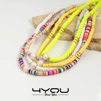 Colorful Rainbow Summer Beach Heishi Women Jewelry Stainless Steel Freshwater Pearl Beaded Polymer Clay Slices Beads Necklace