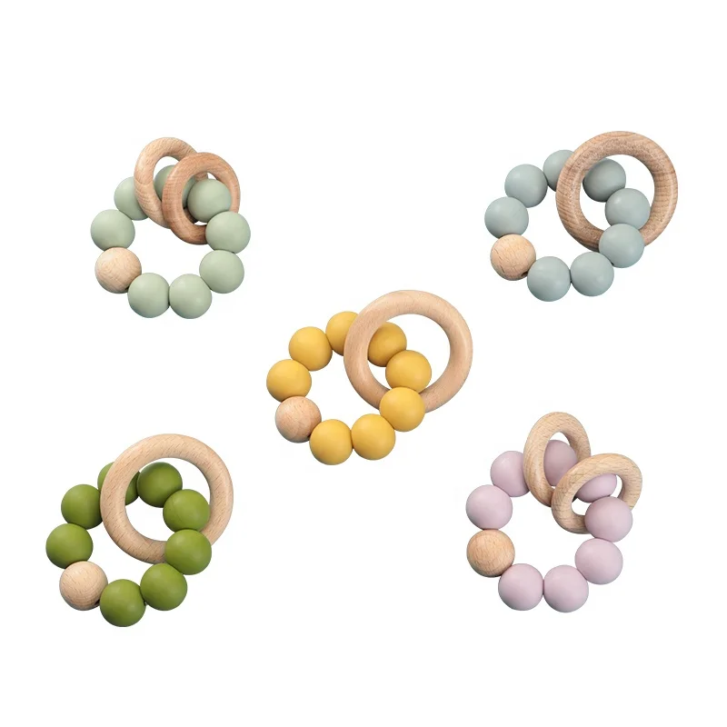 BPA free silicone beads flexible collocation food grade wooden teething toys baby teether nursing bracelet