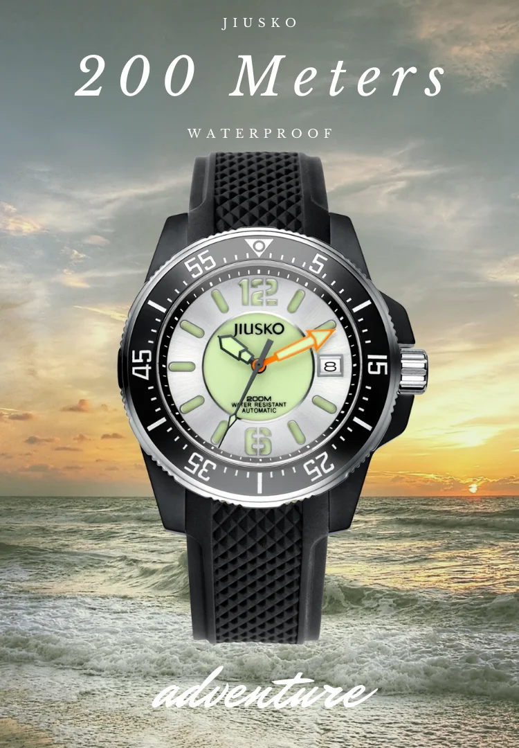 不锈钢自动运动手表蓝宝石玻璃200米防水硅胶带潜水手表