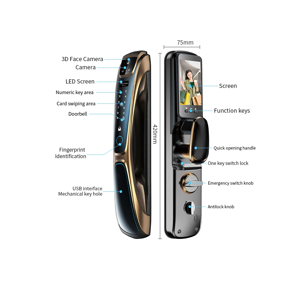 Premium quality Golden color smart lock Tuya Face Recognition Fingerprint Smart Door Lock with camera for home D28