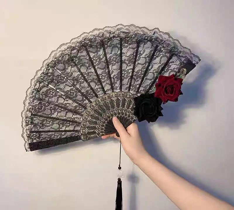 2 Pack Black Lace Burgundy Rose Vintage Lace Folding Fans Gothic Palace Style with Rose Cross Tassels for Tea Party Cosplay and Photo Props