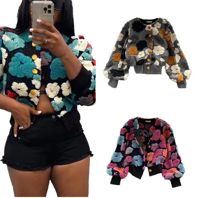 New Trendy Fall Winter Fashion Clothing Lady Color Blocking Patchwork Floral Short Pink Plush Cute Baseball Women's Jacket