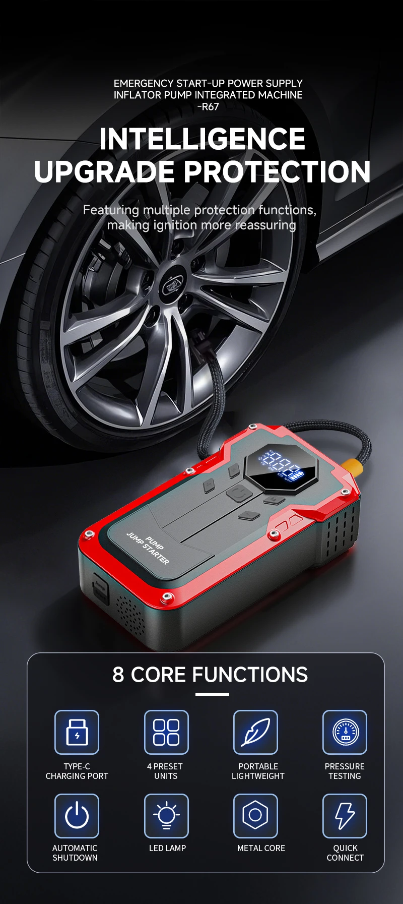 High Quality Portable 12V Car Battery 4 in 1 Functions Portable Jump Starter Mobile Power Bank With Air Compressor