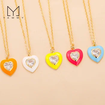 Gold Plated Chain Necklace,Enamel Colorful Crystal Zircon Heart Charms Pendant Necklace