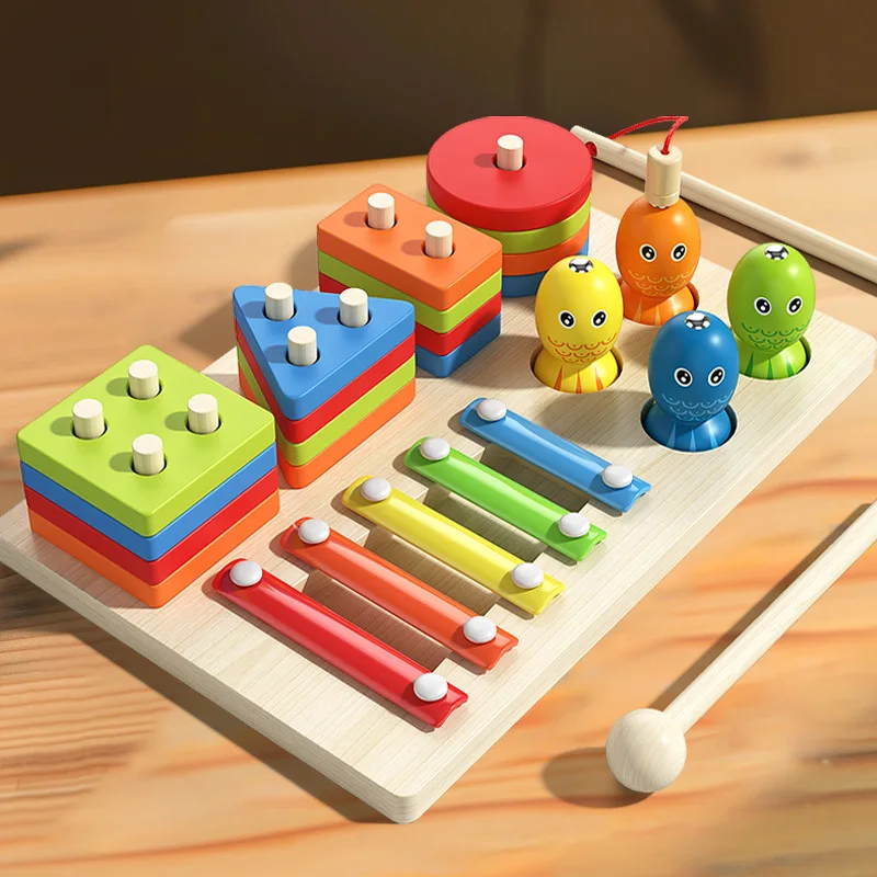 Jouets Pour Enfants Fishing Set Column Building Block Xylophone Percussion Musical Wood Montessori Educational Toys for Kids