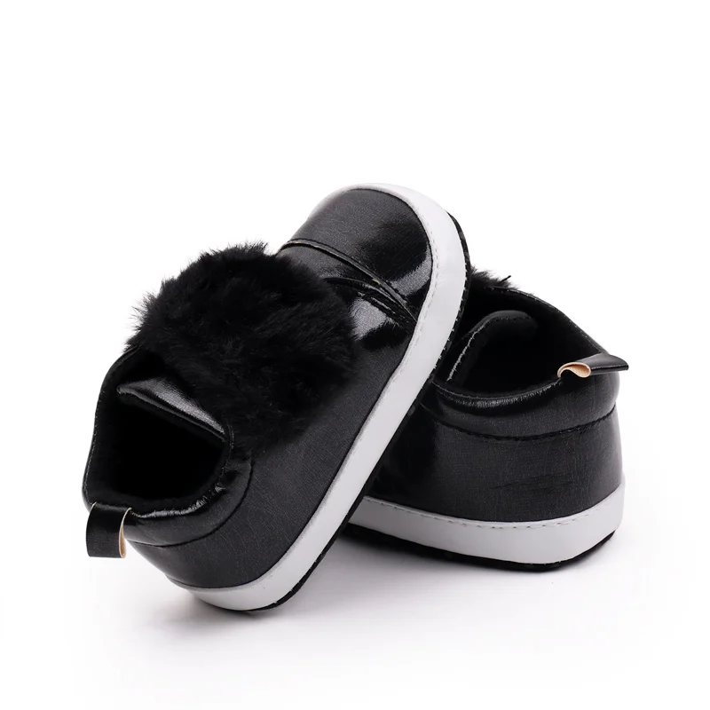 Bright PU Leather Plush Hook and Loop Solid Color Baby Girls Cute Soft Soled Toddler Shoes factory