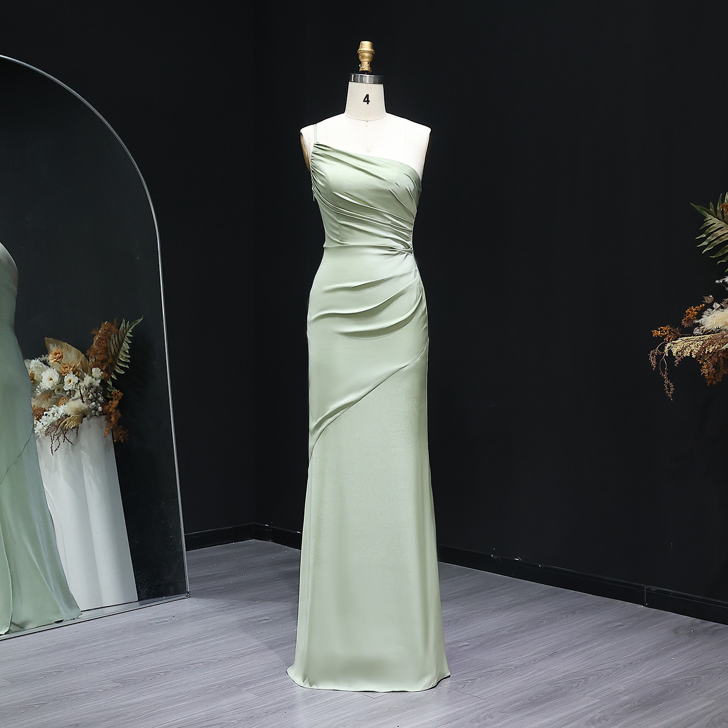 Sharon Said BS001 Elegant Green Satin One Shoulder Bridesmaid Dress Simple Sweep Train Sheath Wedding Guest Gown Sharon Said BS001 Elegant Green Satin One Shoulder Bridesmaid Dress Simple Sweep Train Sheath Wedding Guest Gown
