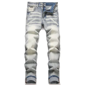 Men's Blue Cat Embroidered Bearded Feet Jeans Mid-Waist High Waist Pencil Pants Washed Technics Bow Hole