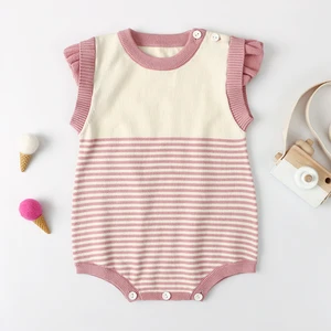 Stretchy Spandex & Polyester Newborn/Infant Ruffled-Sleeve Striped Snap Knit Romper for Spring Summer Daily