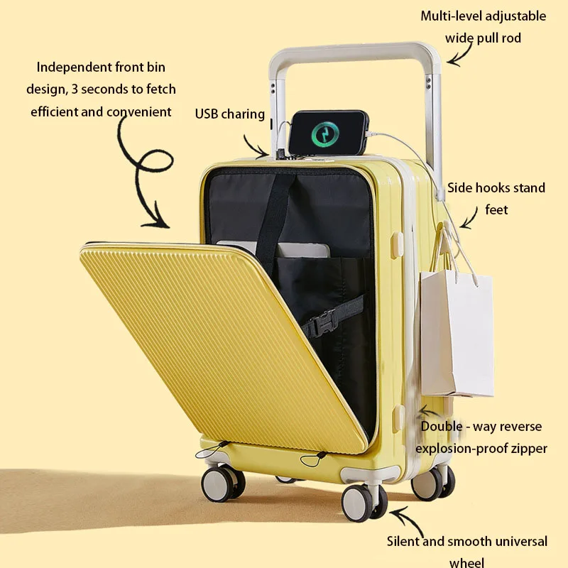 Male and Female Multi-Function USB Charging Port Suitcases Wide Pull Rod  Front Open with Password Box Luggage