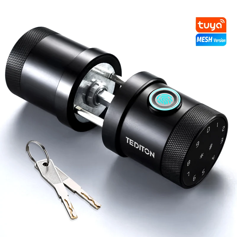 Tediton Biometric Keyless Tuya TTlock Smart Fingerprint Door Lock Door Knob App Control Smart Silver Door Knob Lock