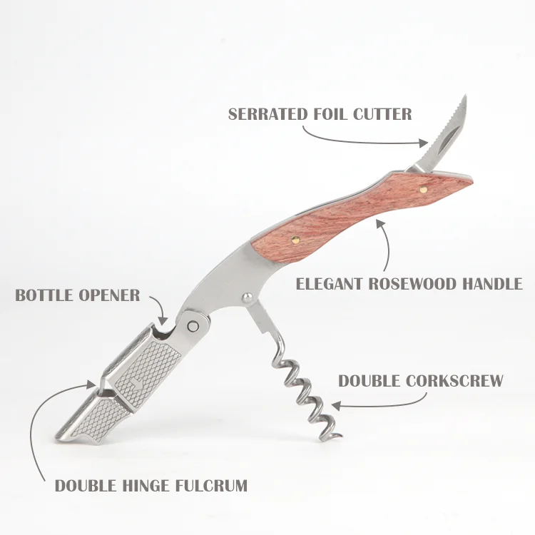 Multi-Functional 3-in-1 Pocket Wine Bottle Opener Tool Double Hinged Wood Handle Stainless Steel Folding Wine Corkscrew Opener