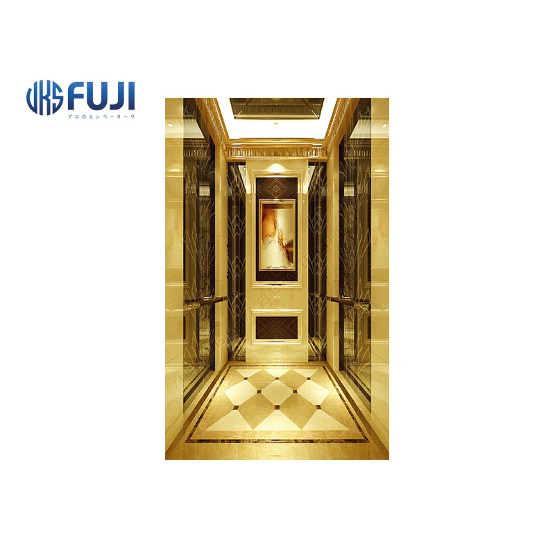 China Elevator Factory Gorgeously Decorated Machine Room Cabin Rose Gold Passenger Elevator