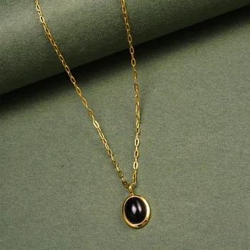 Vintage Black Oval Natural Stone Pendant Necklace