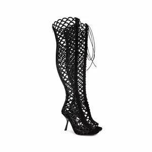 BUSY GIRL MY9806 Fish Mouth Hollow Ladies Knee High Boots Catwalk Sexy Strap Roman 2026 New Ultra-high Heel  Women's Mesh Boots