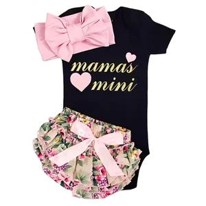 Kids Clothing Romper with Long Sleeve English Letters Floral Cake pink Headband 3 Piece Set