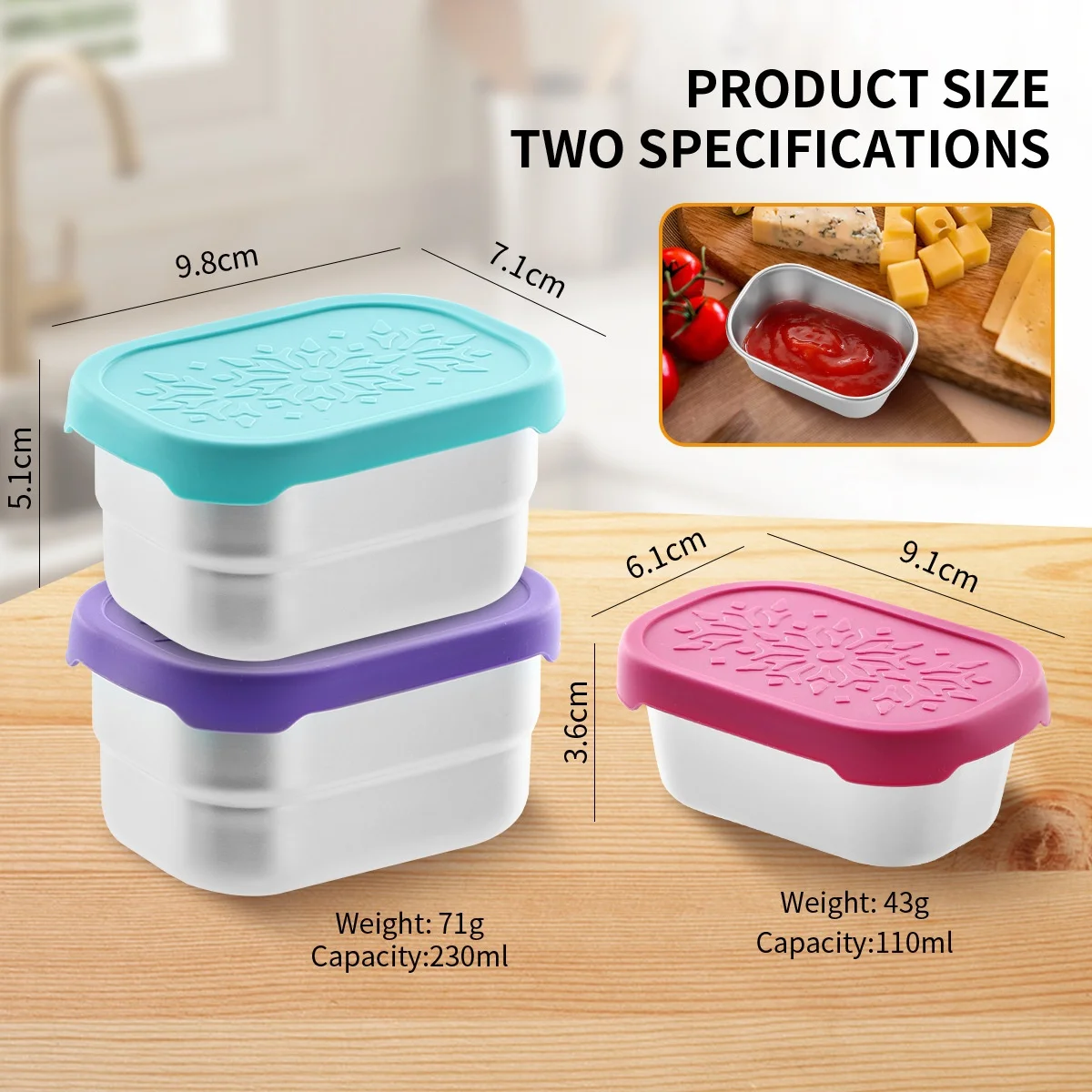 Cross-border 304 Stainless Steel Square Dipping Sauce Box Salad Ketchup Container Outdoor Silicone Lid Leak-proof Ice Pattern